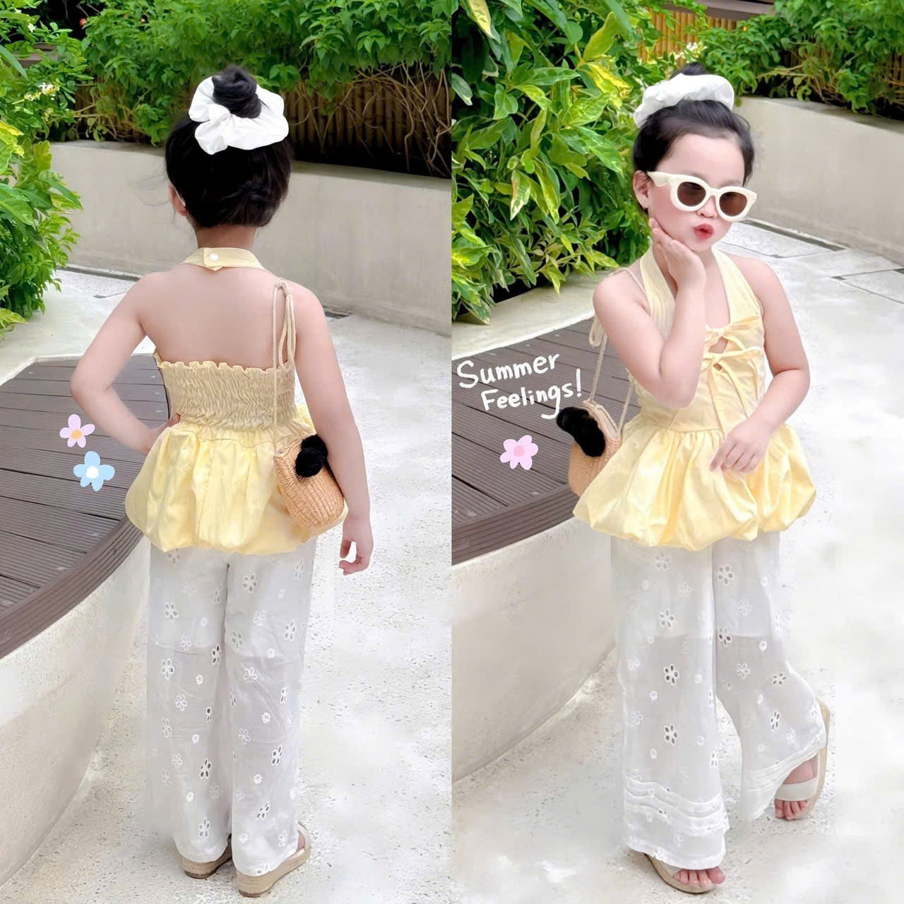 B802 - SET ÁO BÍ VÀNG MIX QUẦN THÊU BOI KÈM DÂY BUỘC TÓC