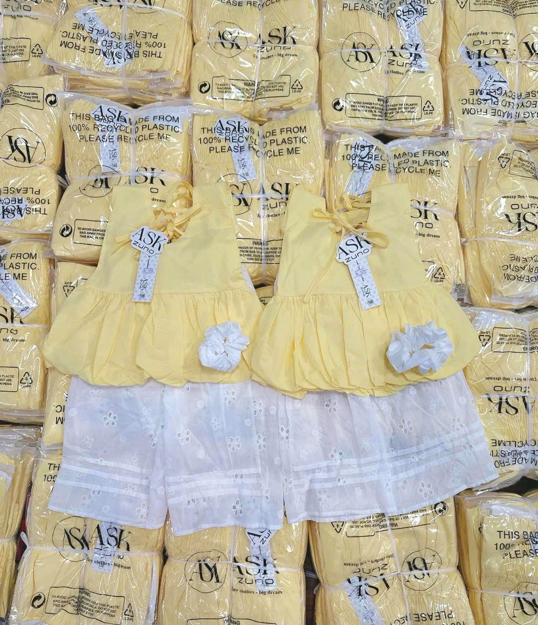 B802 - SET ÁO BÍ VÀNG MIX QUẦN THÊU BOI KÈM DÂY BUỘC TÓC