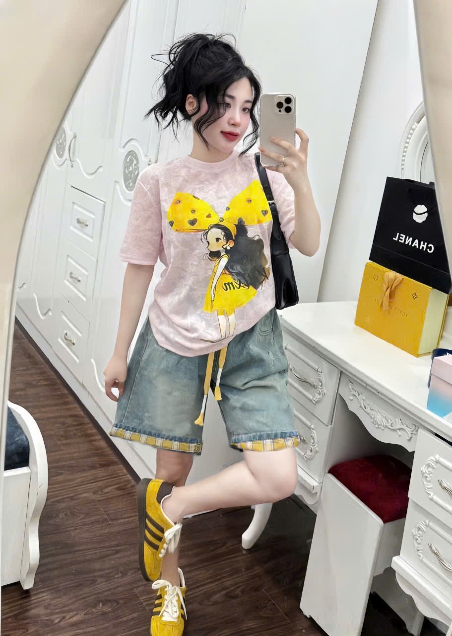 B142 - SET ÁO REN HỌA TIÊT CÔ GÁI NƠ VÀNG QUẦN JEAN