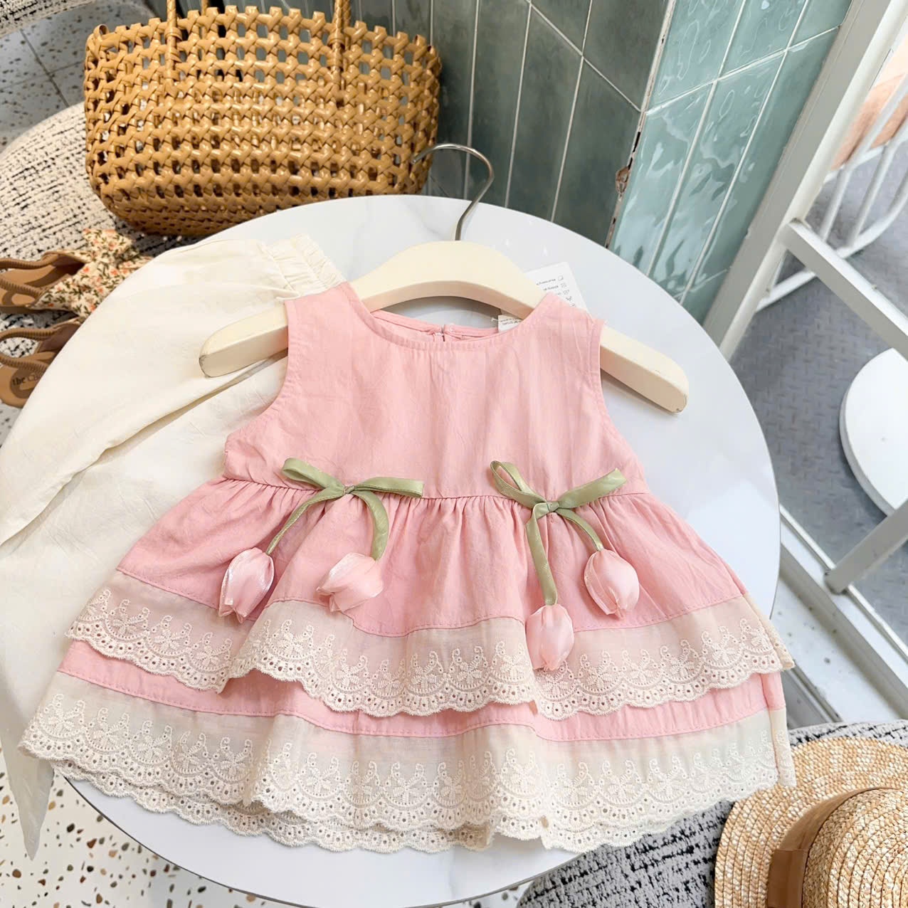 A945 - SET ÁO HỒNG BABYDOLL TULIP QUẦN ĐŨI BE KEM