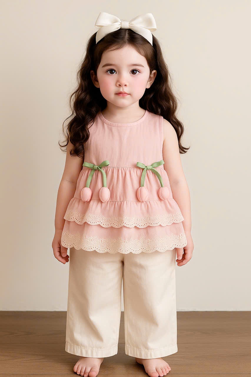 A945 - SET ÁO HỒNG BABYDOLL TULIP QUẦN ĐŨI BE KEM