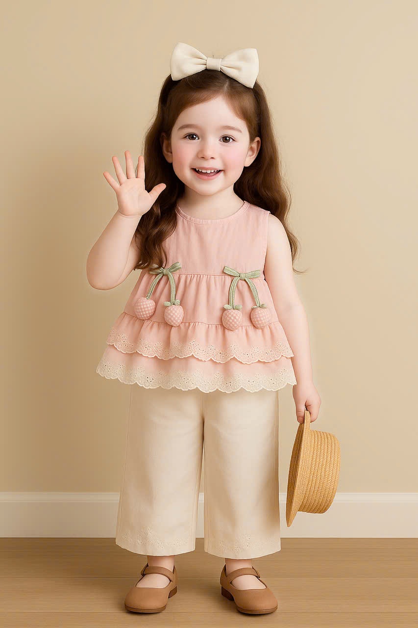A945 - SET ÁO HỒNG BABYDOLL TULIP QUẦN ĐŨI BE KEM