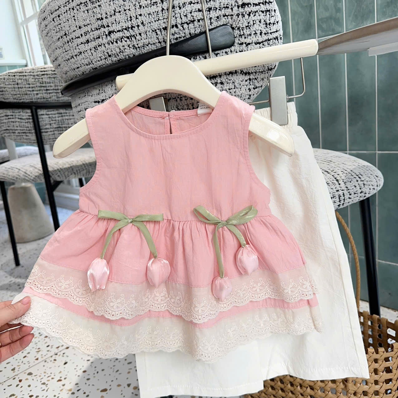 A945 - SET ÁO HỒNG BABYDOLL TULIP QUẦN ĐŨI BE KEM