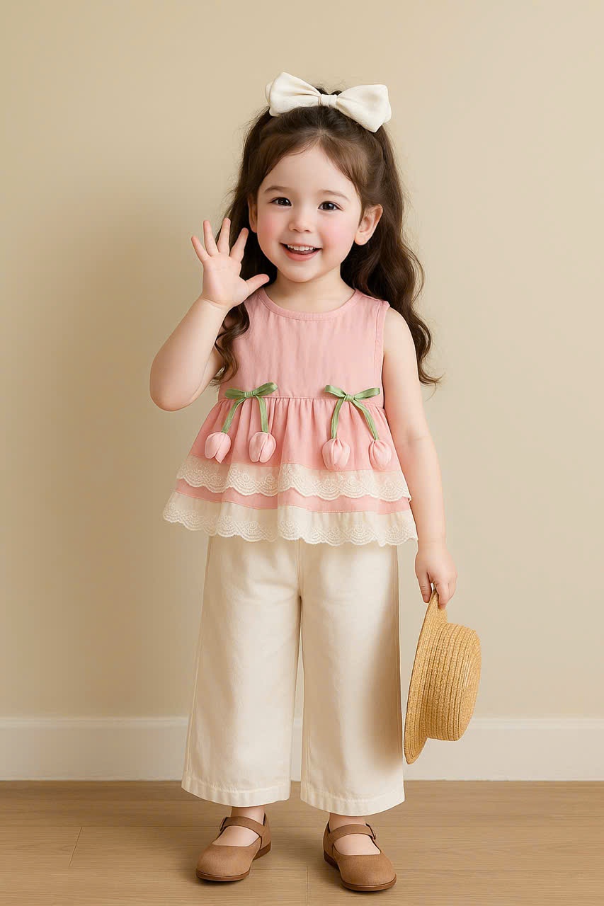 A945 - SET ÁO HỒNG BABYDOLL TULIP QUẦN ĐŨI BE KEM