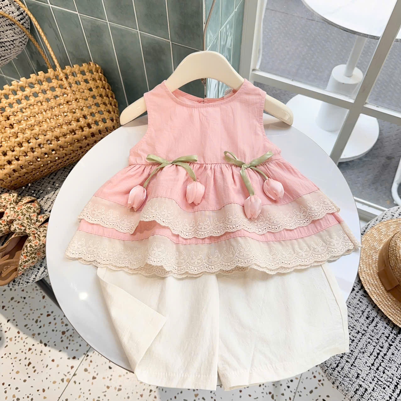 A945 - SET ÁO HỒNG BABYDOLL TULIP QUẦN ĐŨI BE KEM