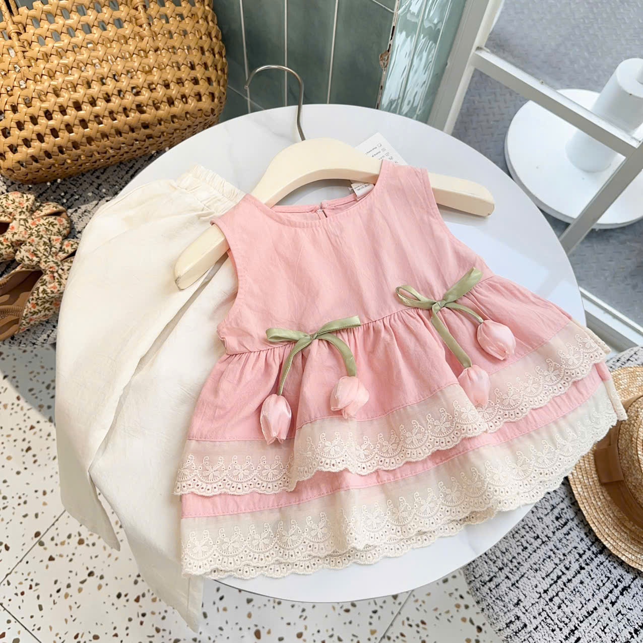 A945 - SET ÁO HỒNG BABYDOLL TULIP QUẦN ĐŨI BE KEM