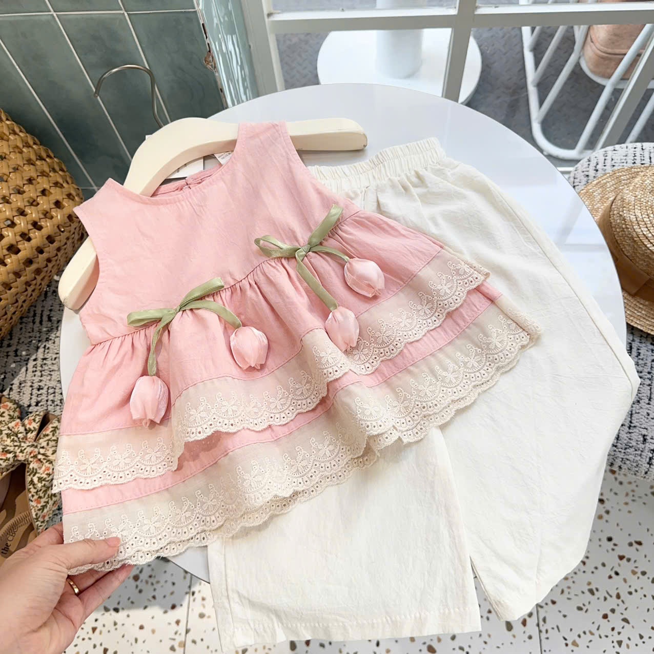 A945 - SET ÁO HỒNG BABYDOLL TULIP QUẦN ĐŨI BE KEM