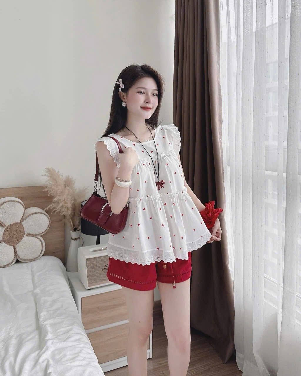 GOM A566 - SET ÁO TIM TRẮNG QUẦN ĐỎ