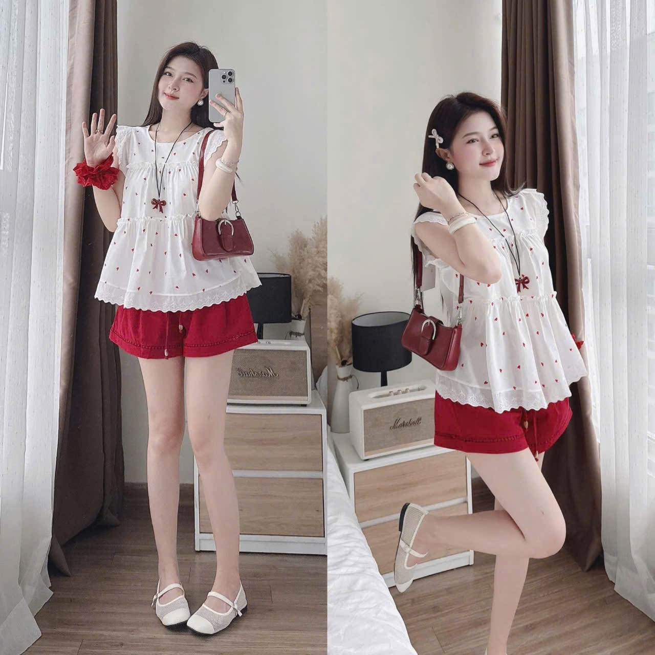 GOM A566 - SET ÁO TIM TRẮNG QUẦN ĐỎ