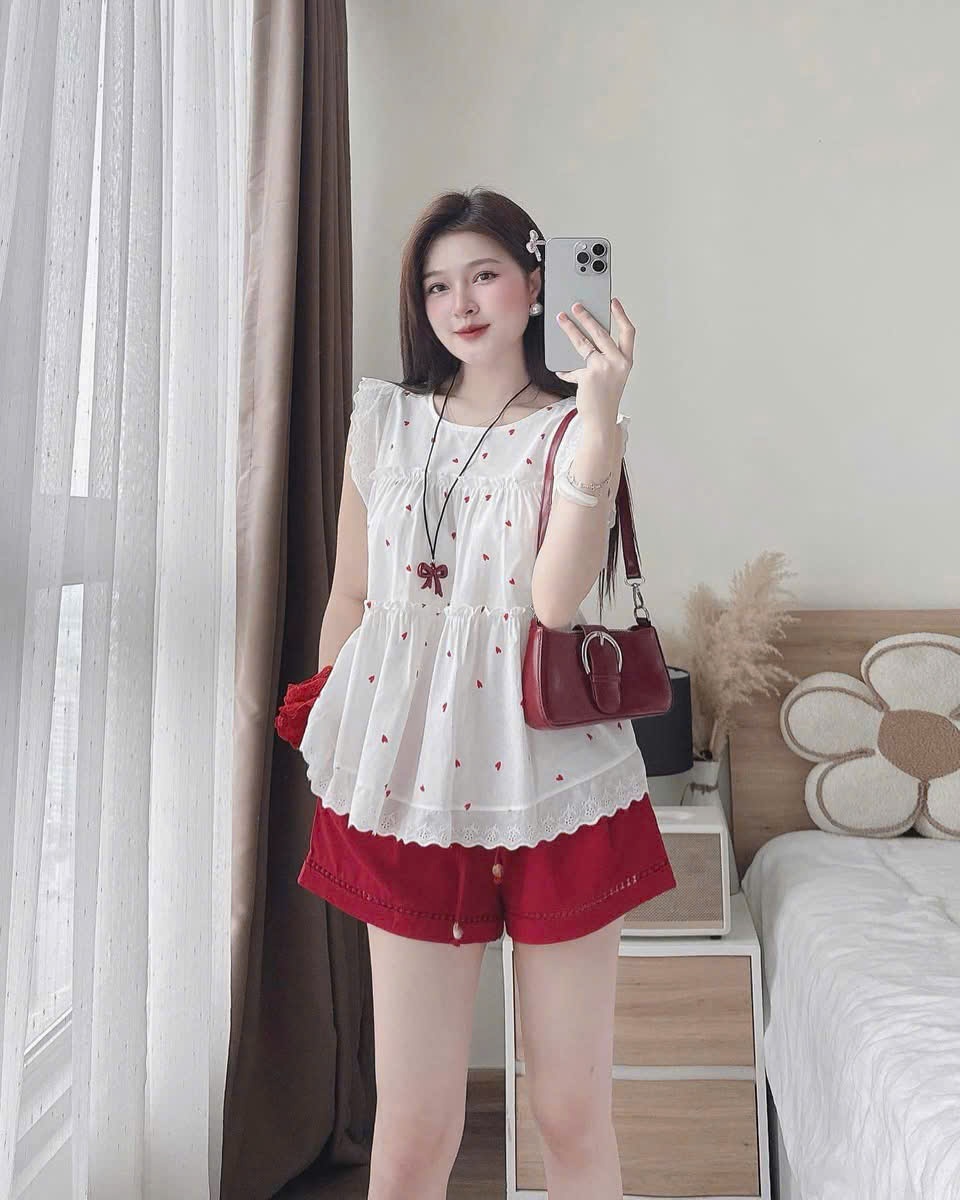 GOM A566 - SET ÁO TIM TRẮNG QUẦN ĐỎ
