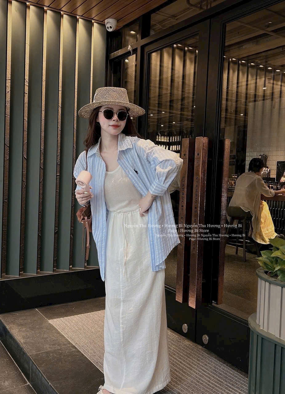 C261 - (GOM ) SET SƠ MI KẺ XANH THÊU NGỰA CV ĐŨI ÁO BA LỖ