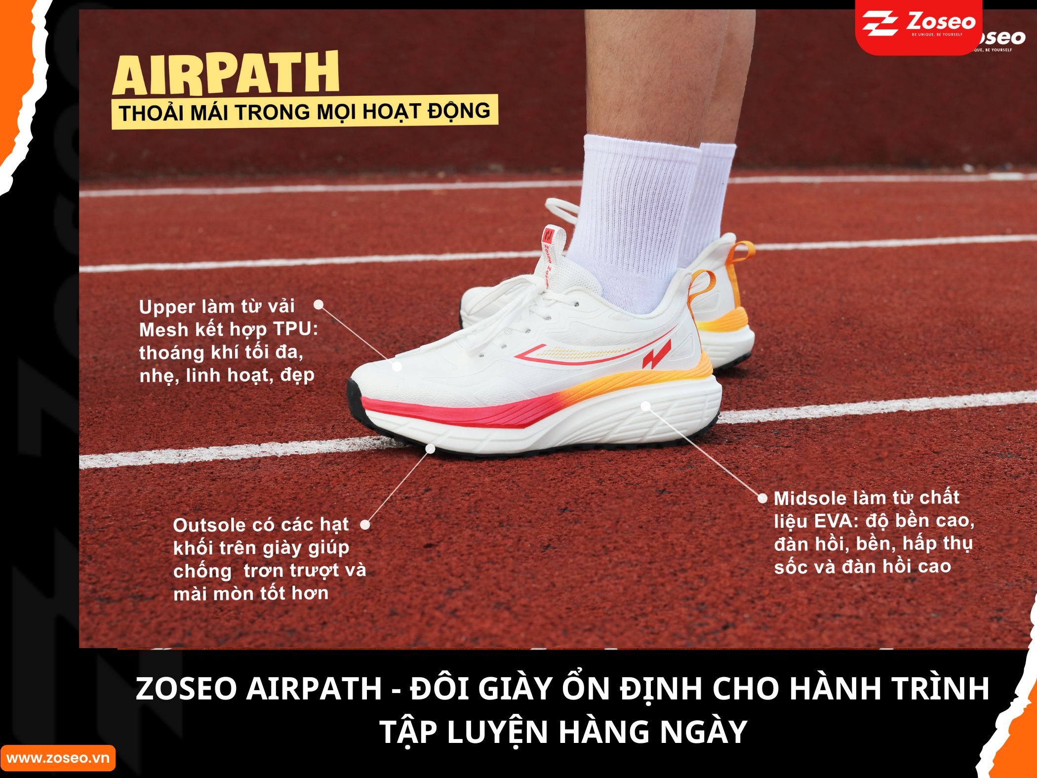 Zoseo Airpath - Đôi giày ổn định cho hành trình tập luyện hàng ngày
