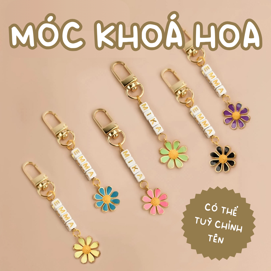 [4 đến 9 ký tự] Móc Khóa Charm Hoa hạt nhựa Ghép tên theo yêu cầu
