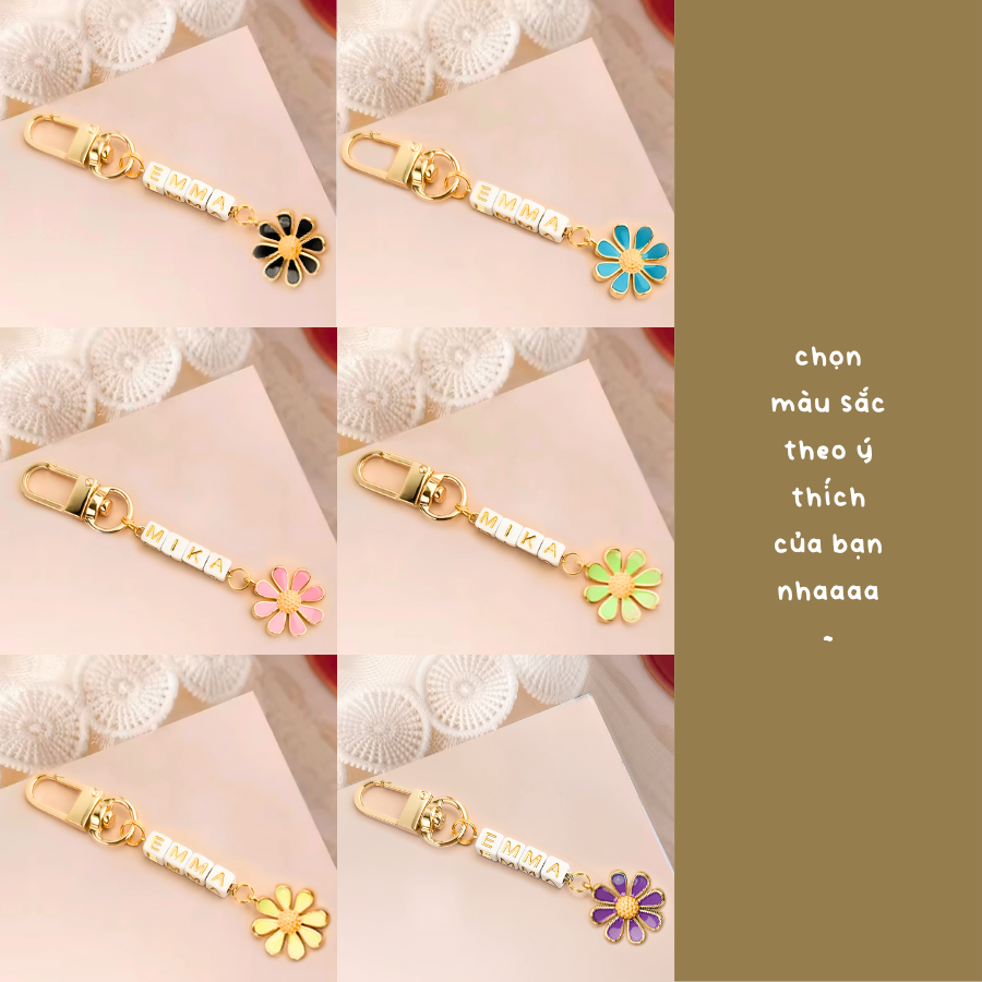 [4 đến 9 ký tự] Móc Khóa Charm Hoa hạt nhựa Ghép tên theo yêu cầu