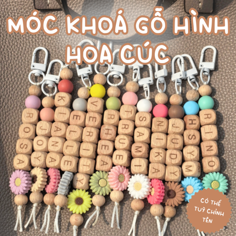 [4 đến 8 ký tự] Móc Khóa gỗ hoa cúc khắc tên theo yêu cầu