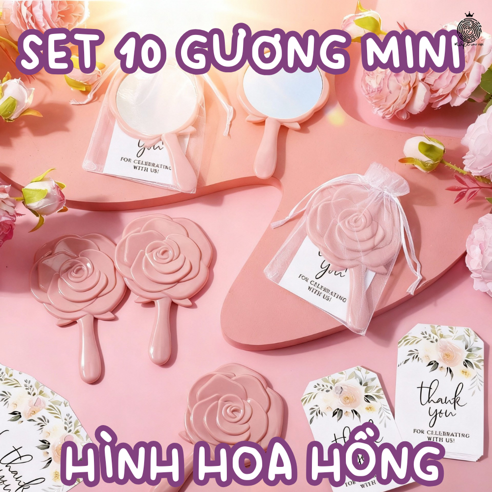 Set 10 Gương Mini Hoa Hồng Kèm Túi Voan