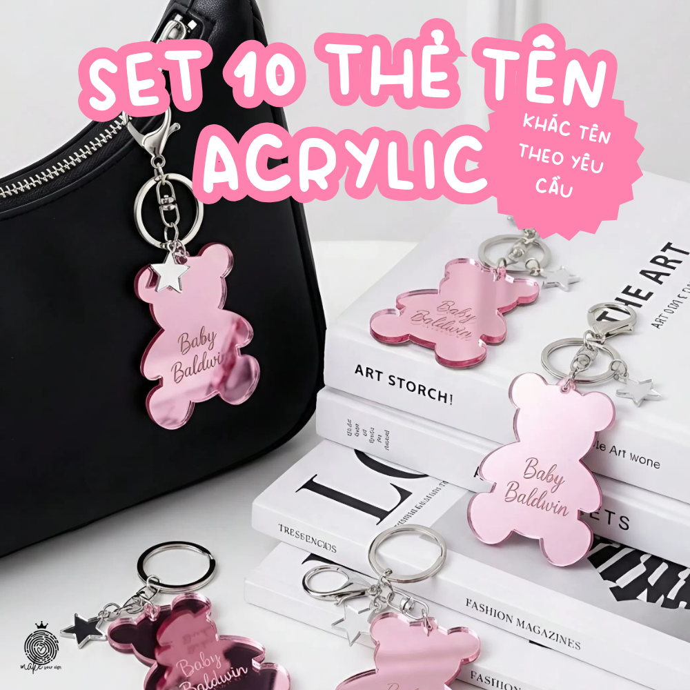 Set 10 thẻ tên acrylic hình gấu khắc tên theo yêu cầu