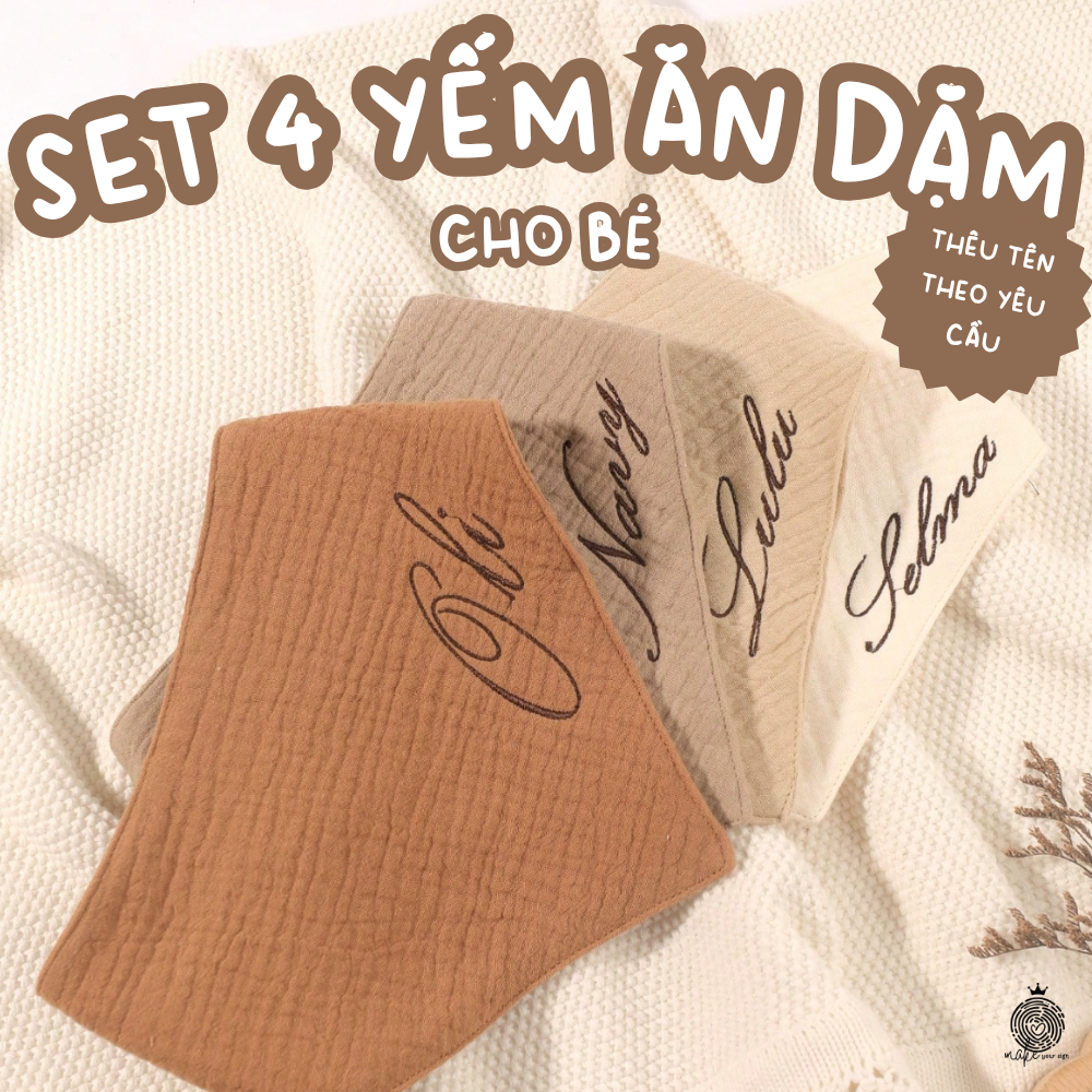 Set 4 yếm ăn dặm cho bé thêu tên theo yêu cầu