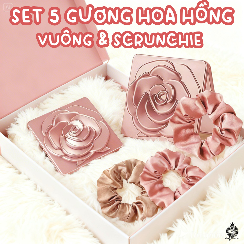 Set 5 gương hoa hồng vuông & scrunchie