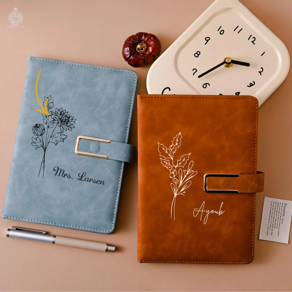 Set Sổ Da Bút Ký Cá Nhân Hóa Hoa + Tên