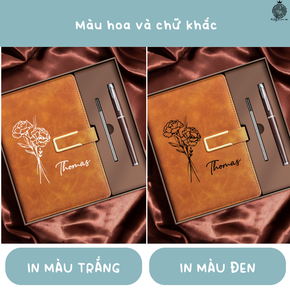 Set Sổ Da Bút Ký Cá Nhân Hóa Hoa + Tên