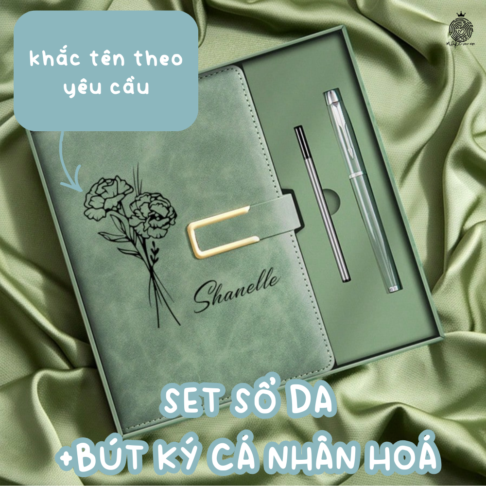 Set Sổ Da Bút Ký Cá Nhân Hóa Hoa + Tên