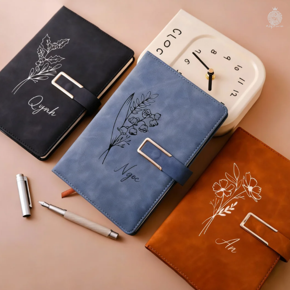 Set Sổ Da Bút Ký Cá Nhân Hóa Hoa + Tên