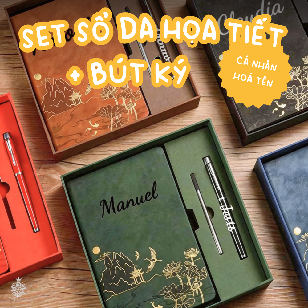 Set Sổ Da Họa Tiết & Bút Ký Cá Nhân Hóa Tên(Kích thước A5)