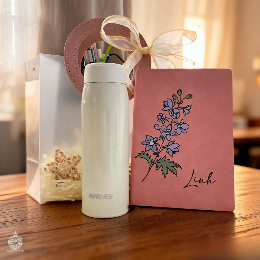 Set hộp quà bình & sổ tay hoa pastel cá nhân hóa