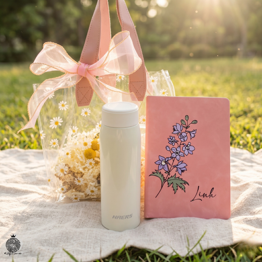 Set hộp quà bình & sổ tay hoa pastel cá nhân hóa