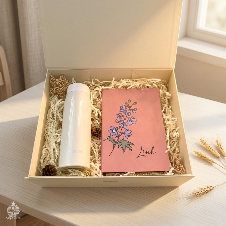 Set hộp quà bình & sổ tay hoa pastel cá nhân hóa