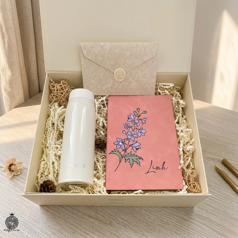 Set hộp quà bình & sổ tay hoa pastel cá nhân hóa