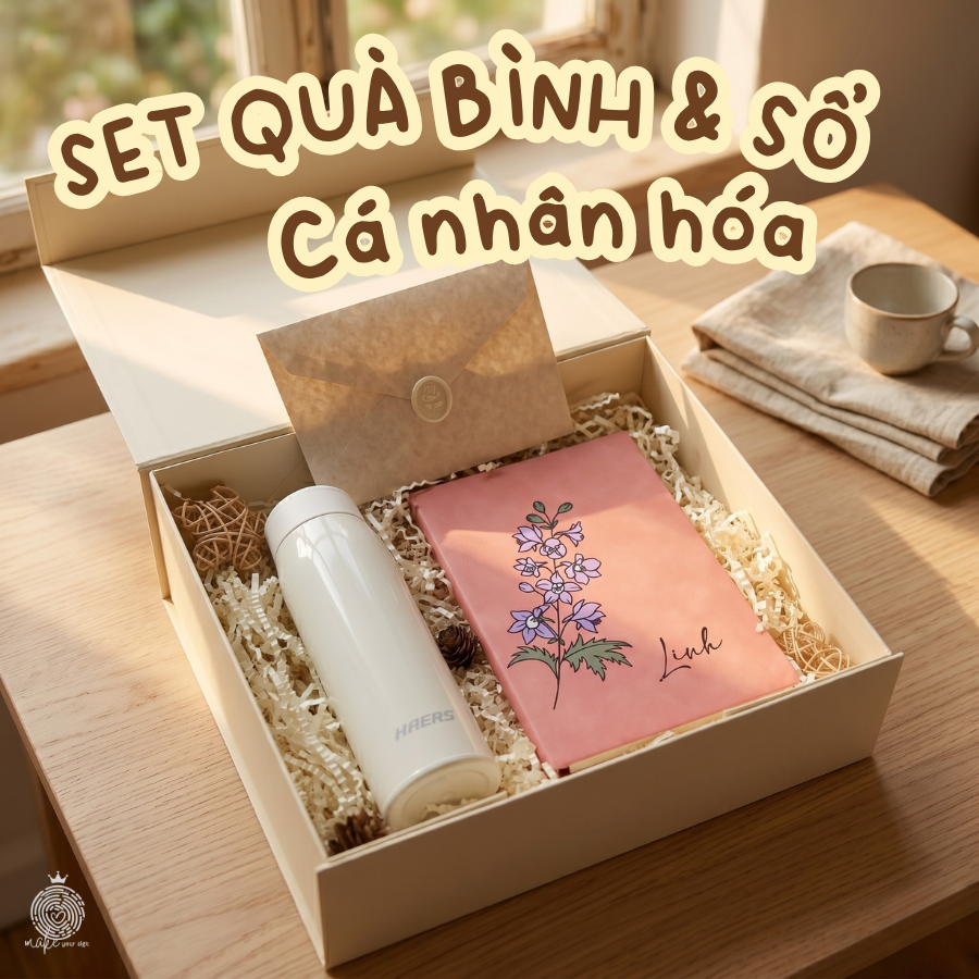 Set hộp quà bình & sổ tay hoa pastel cá nhân hóa
