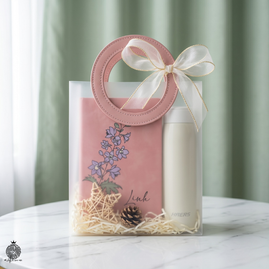 Set túi quà bình & sổ tay hoa pastel cá nhân hóa 2