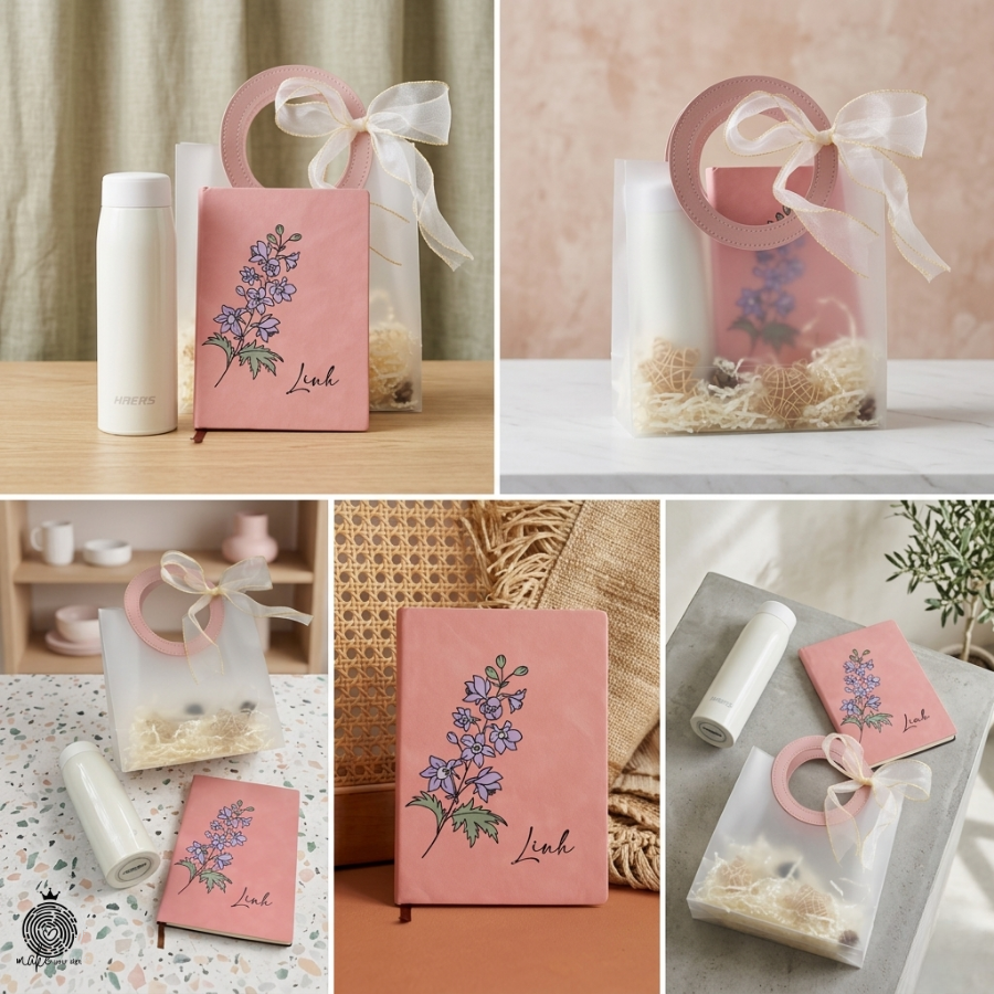 Set túi quà bình & sổ tay hoa pastel cá nhân hóa 2