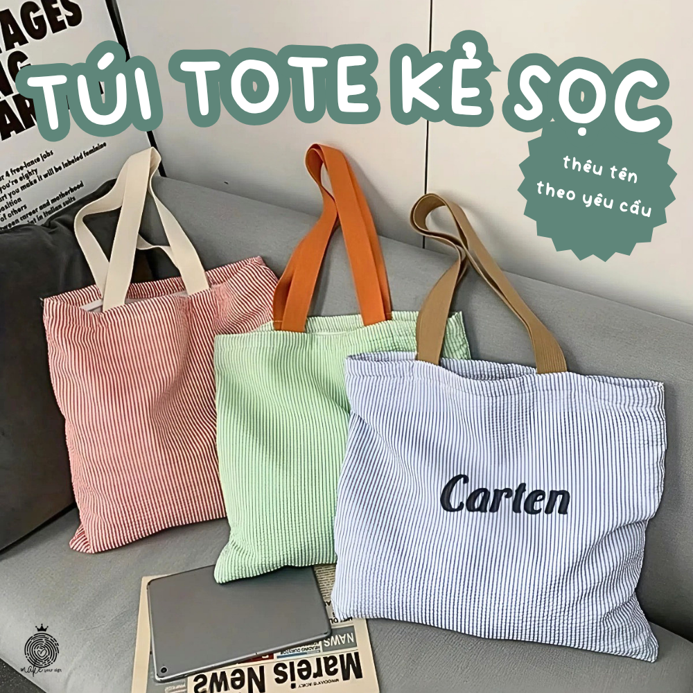 Túi tote kẻ sọc thêu tên theo yêu cầu