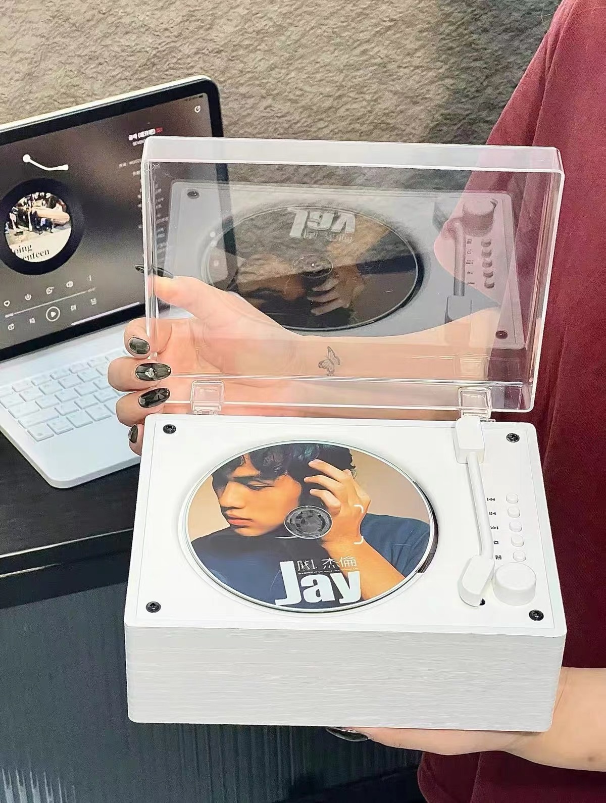 Máy CD Player - nắp trắng sạc pin loa ngang