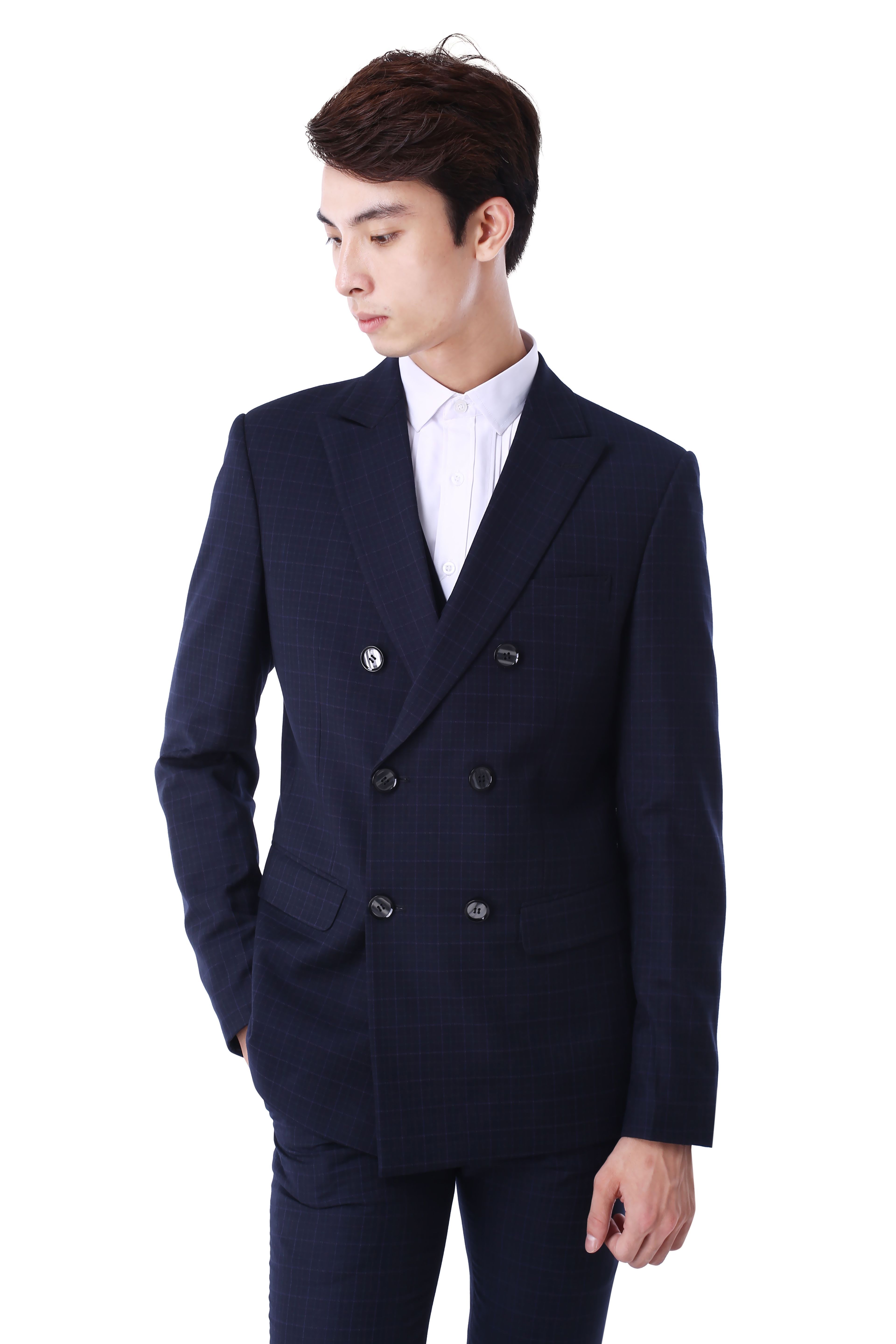 Vest xanh tt kẻ ô vuông nhỏ 2 hàng khuy M