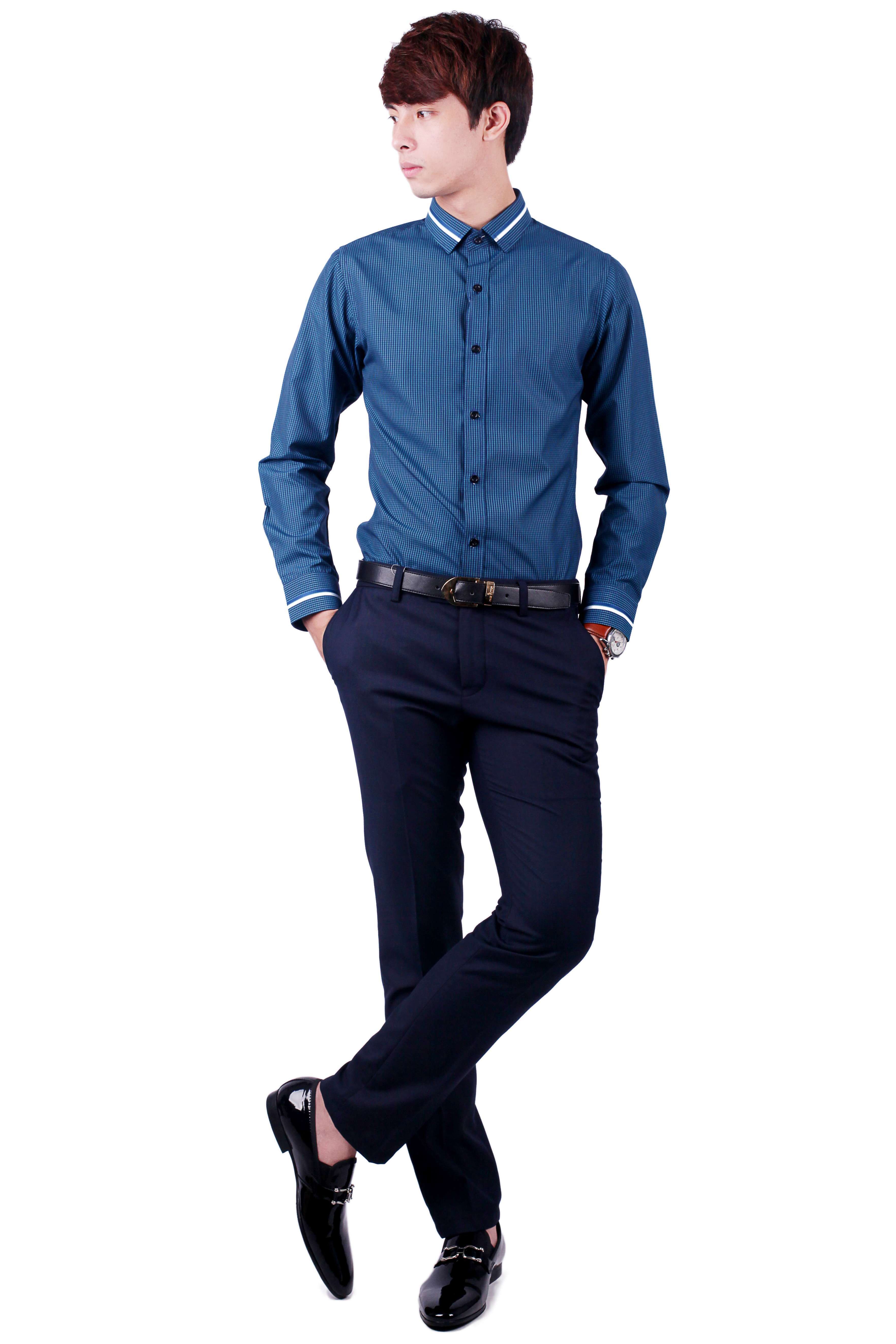 SM kẻ ô xanh cổ vịt viền cổ