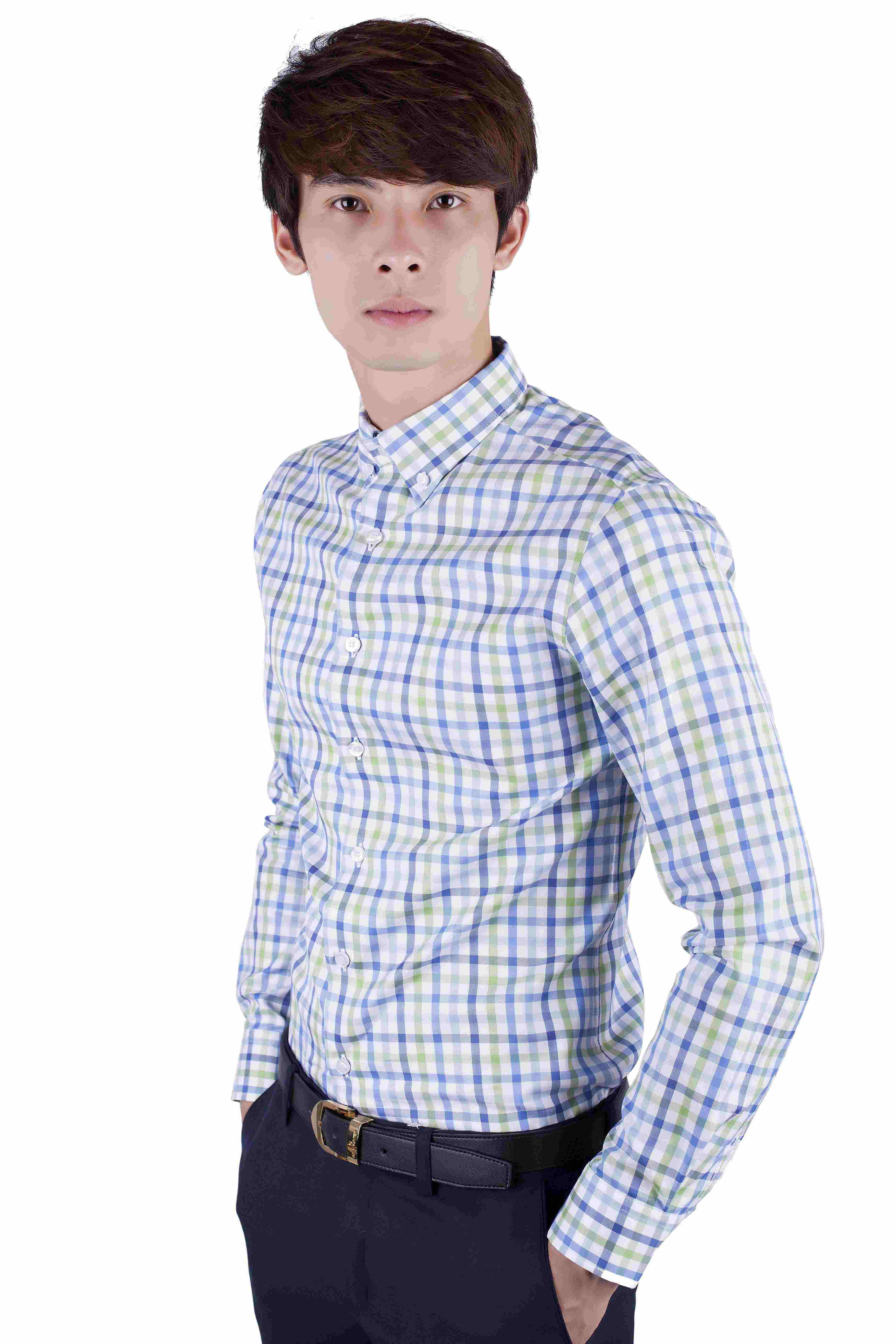 SM kẻ ô vuông to xanh, cúc lá cổ