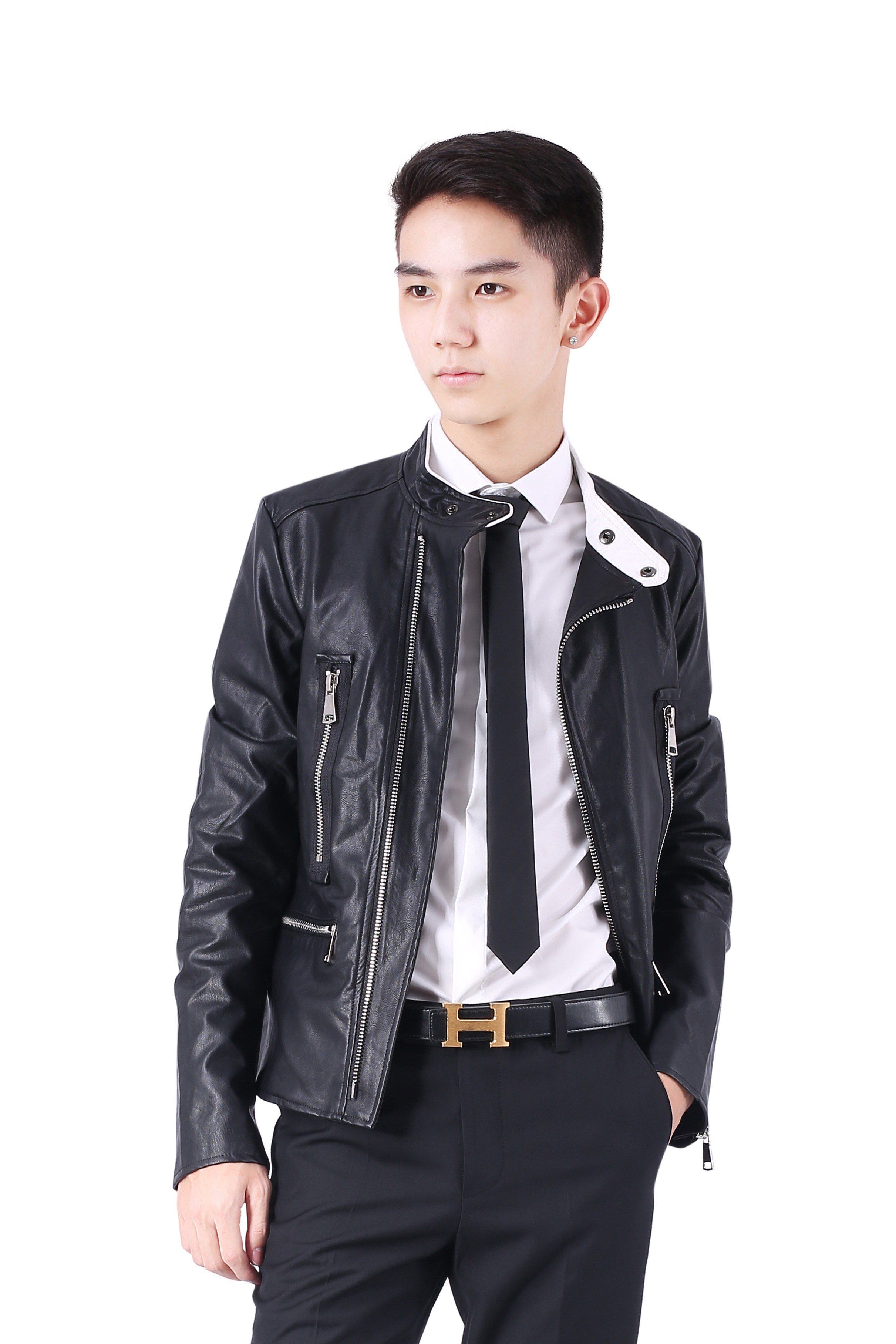 Áo da đen khóa dọc viền cổ trắng sz X