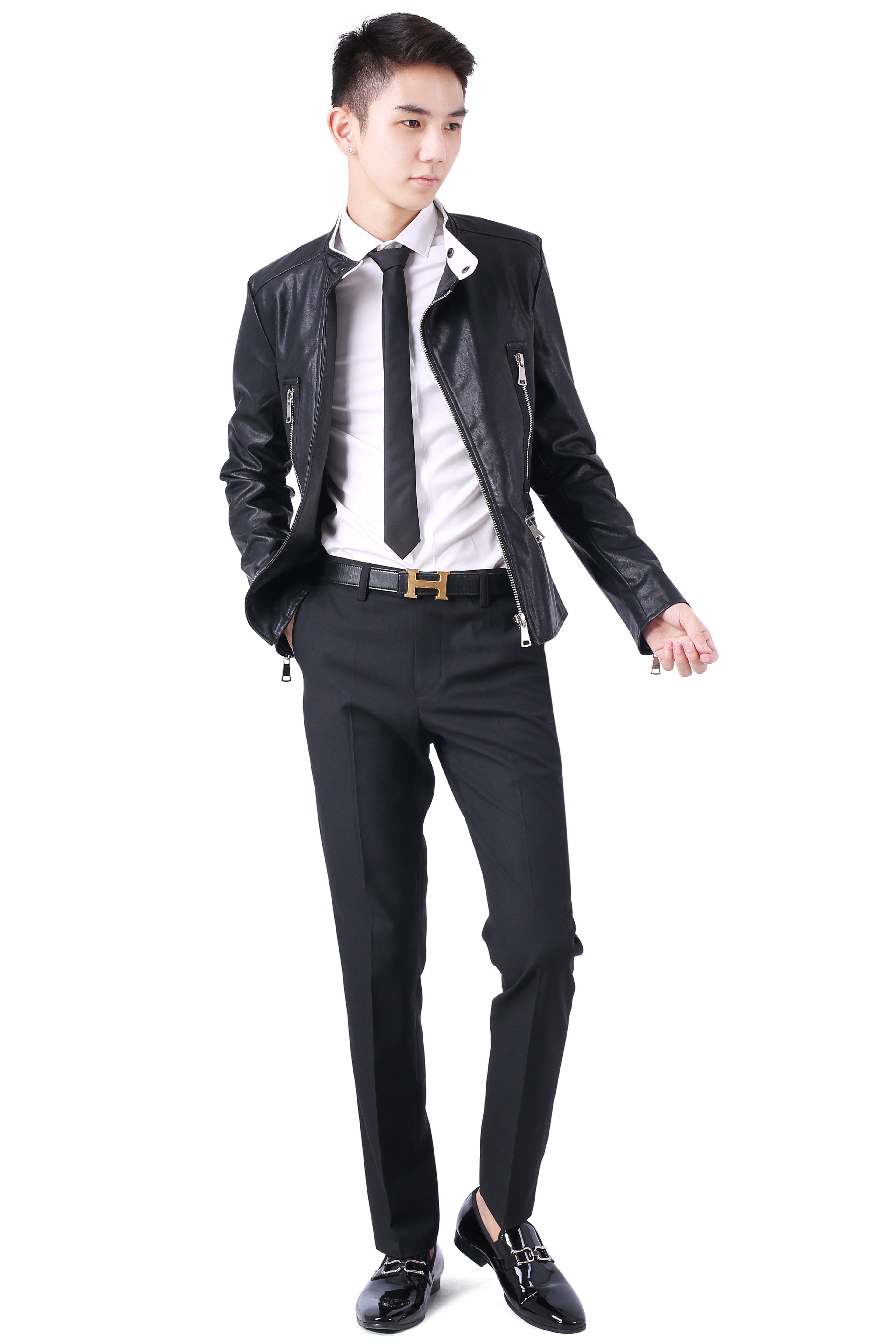 Áo da đen khóa dọc viền cổ trắng sz X