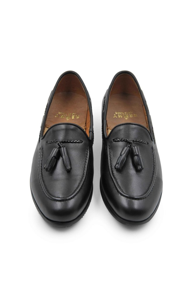 Giày lười đen chuông cụp, luồn dây đen sz 38