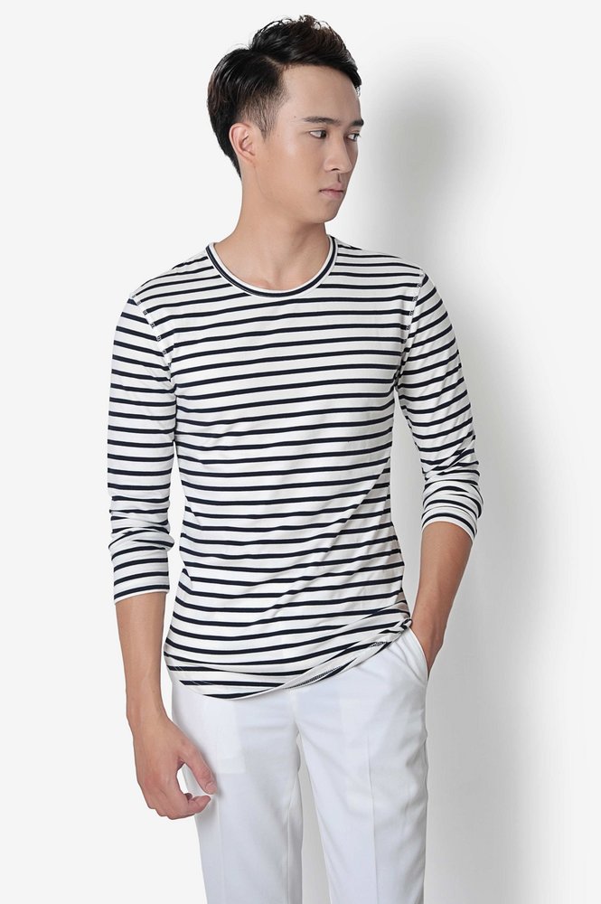 Áo thun trắng kẻ đen sz L