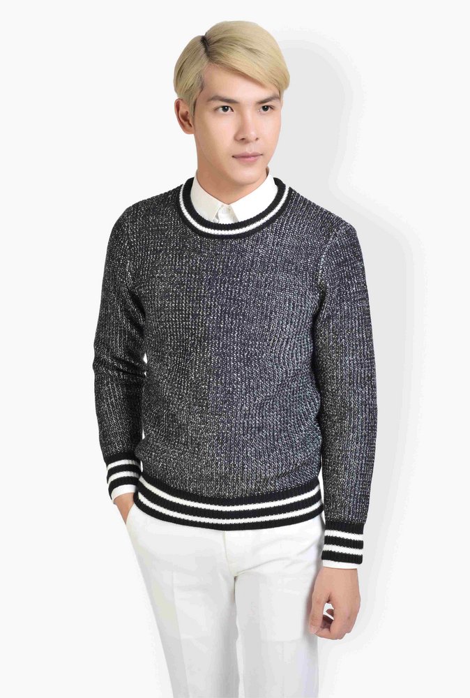AL đen dệt trắng, cổ, cổ tay đen kẻ trắng sz M