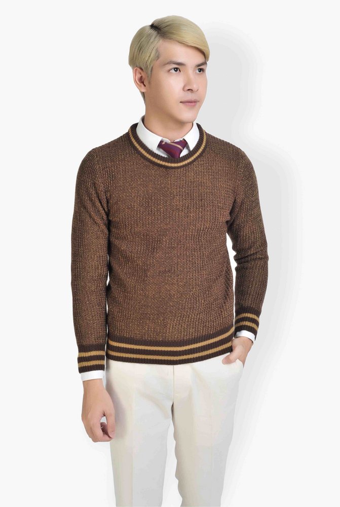 AL nâu đậm, cổ, cổ tay kẻ vàng sz L