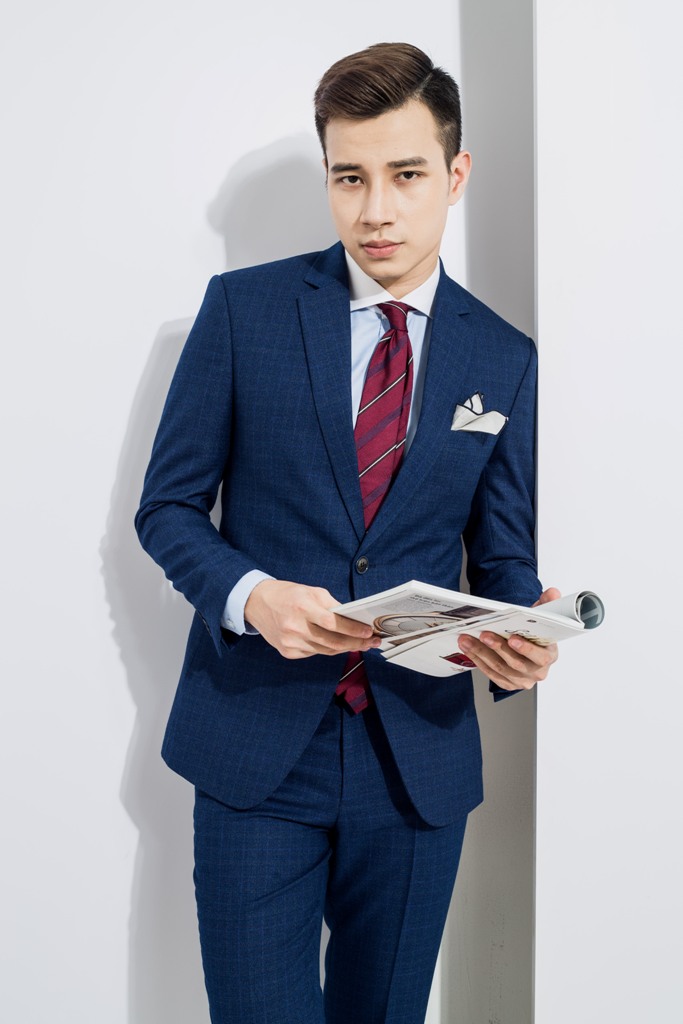 Vest xanh navy kẻ chìm xanh, 2 cúc