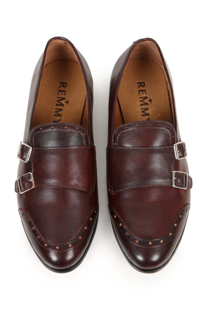 Giày lười nâu, đai 2 khóa - đục lỗ nhỏ cong theo mũi giày 368-11 sz 40