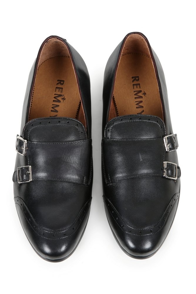 Giày lười đen, đai 2 khóa - đục lỗ nhỏ cong theo mũi giày 368-11 sz 40
