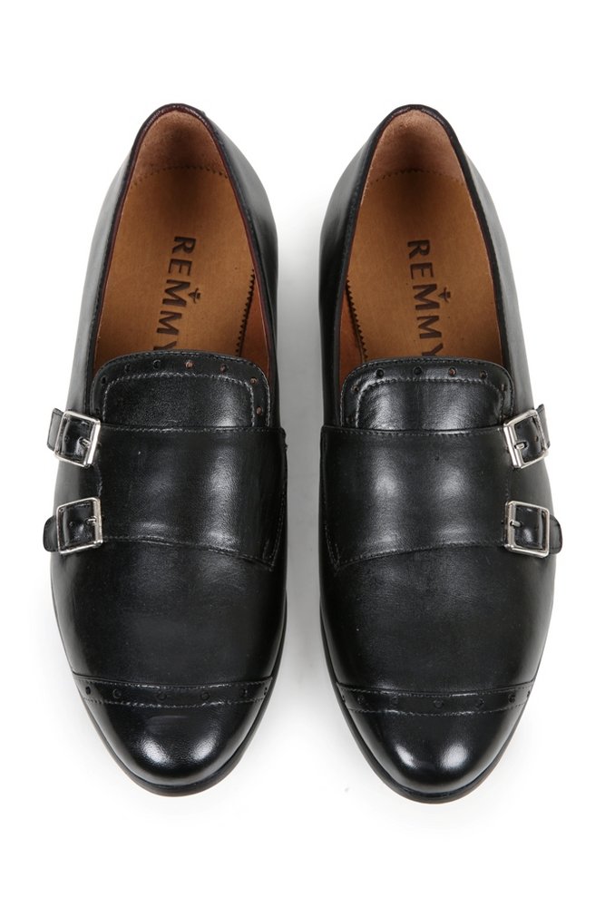 Giày lười đen, đai 2 khóa - đục lỗ to ngang mũi giày 368-10 sz 41